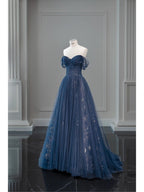 Pretty Ball Gown Off The Shoulder Navy Blue Tulle Long Classy Prom Dress Party Dress