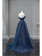 Pretty Ball Gown Off The Shoulder Navy Blue Tulle Long Classy Prom Dress Party Dress