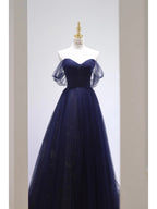 Pretty Ball Gown Off The Shoulder Navy Blue Tulle Long Classy Prom Dress Party Dress