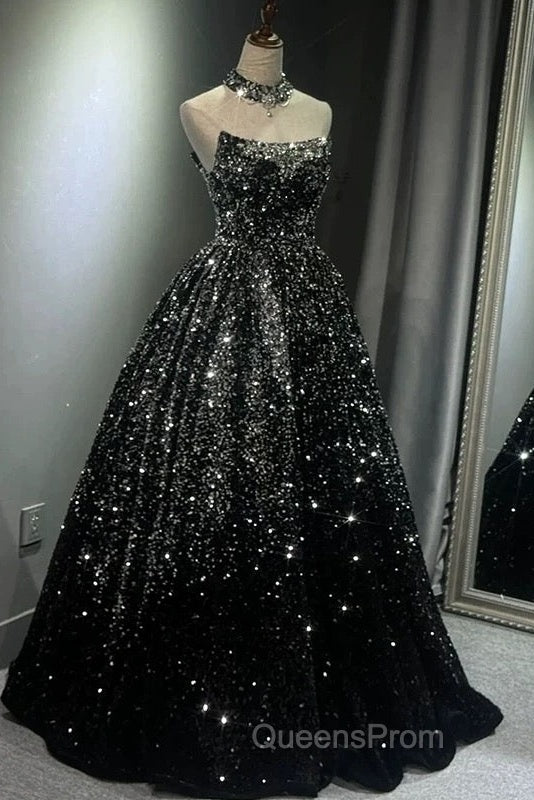 Pretty Ball Gown Strapless Black Sequin Evening Prom Dress Evening Dress Secondary image