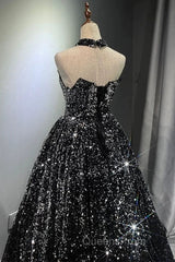 Pretty Ball Gown Strapless Black Sequin Evening Prom Dress Evening Dress