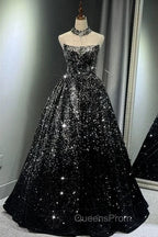 Pretty Ball Gown Strapless Black Sequin Evening Prom Dress Evening Dress