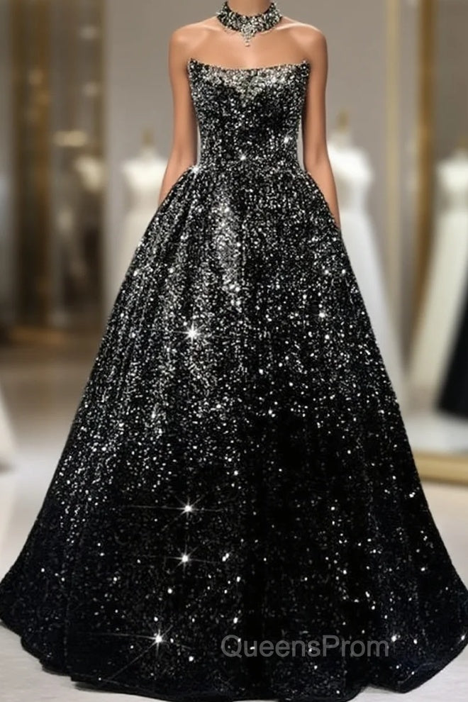 Pretty Ball Gown Strapless Black Sequin Evening Prom Dress Evening Dress Main image