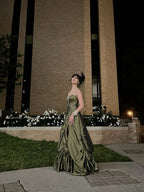 Pretty Ball Gown Strapless Green Satin Long Classy Prom Dress With Silver Beads