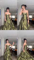 Pretty Ball Gown Strapless Green Satin Long Classy Prom Dress With Silver Beads
