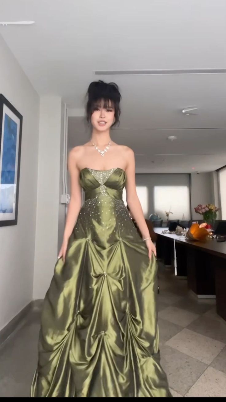 Pretty Ball Gown Strapless Green Satin Long Classy Prom Dress With Silver Beads Main image