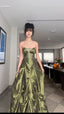 Pretty Ball Gown Strapless Green Satin Long Classy Prom Dress With Silver Beads
