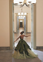 Pretty Ball Gown Strapless Olive Green Long Satin Classy Prom Dress Classy Evening Dress