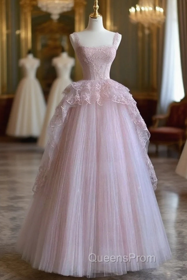 Pretty Ball Gown Strapless Pink Long Lace Evening Prom Dress Formal Evening Dress Main image