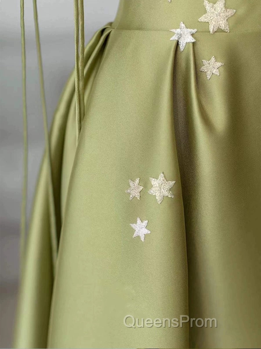 Pretty Ball Gown Straps Sage Green Satin Long Length Evening Dress Evening Prom Dress