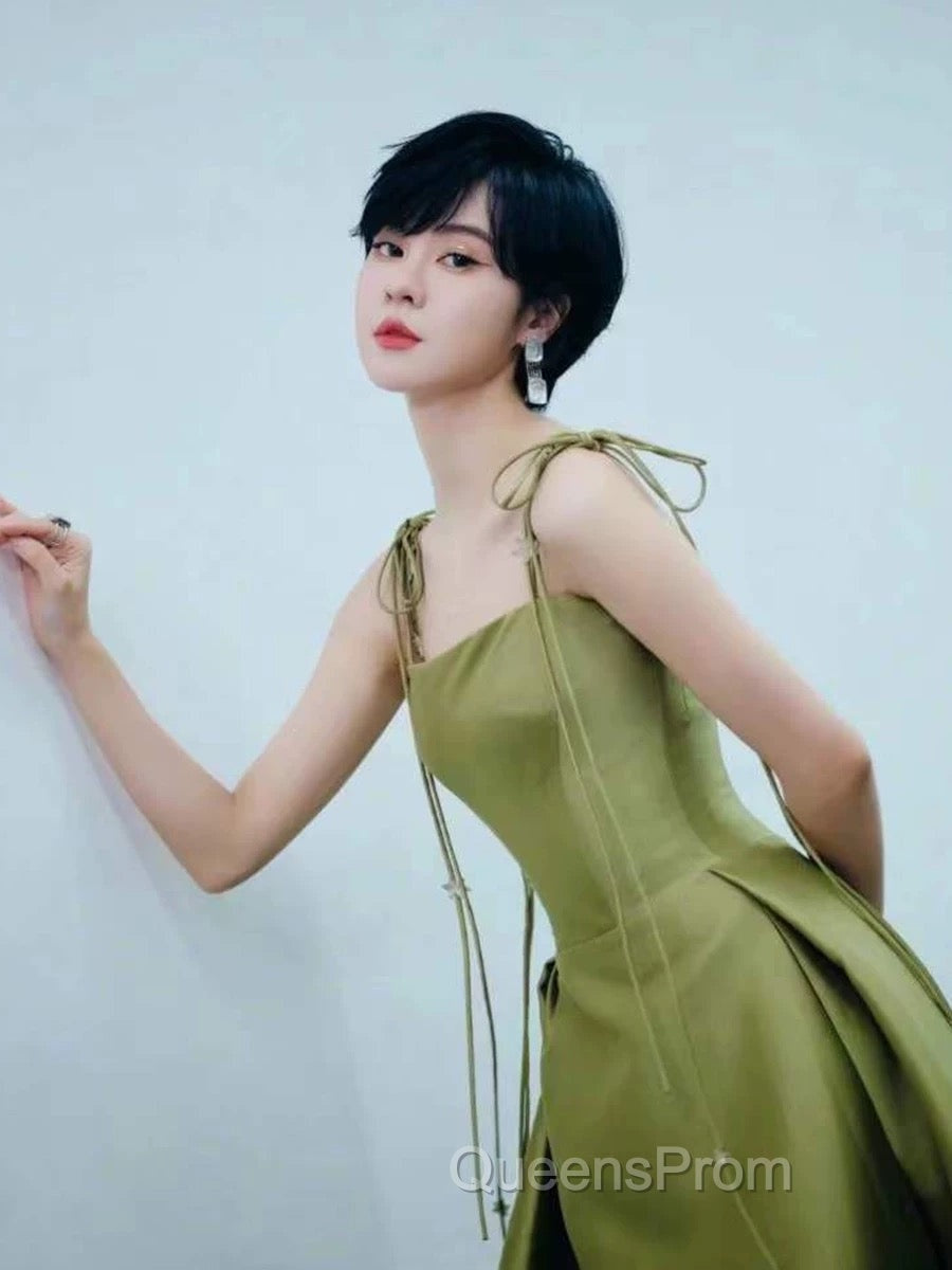 Pretty Ball Gown Straps Sage Green Satin Long Length Evening Dress Evening Prom Dress