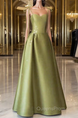 Pretty Ball Gown Straps Sage Green Satin Long Length Evening Dress Evening Prom Dress