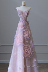 Pretty Ball Gown Sweetheart Pink Floral Tulle Long Evening Prom Dress Evening Gowns