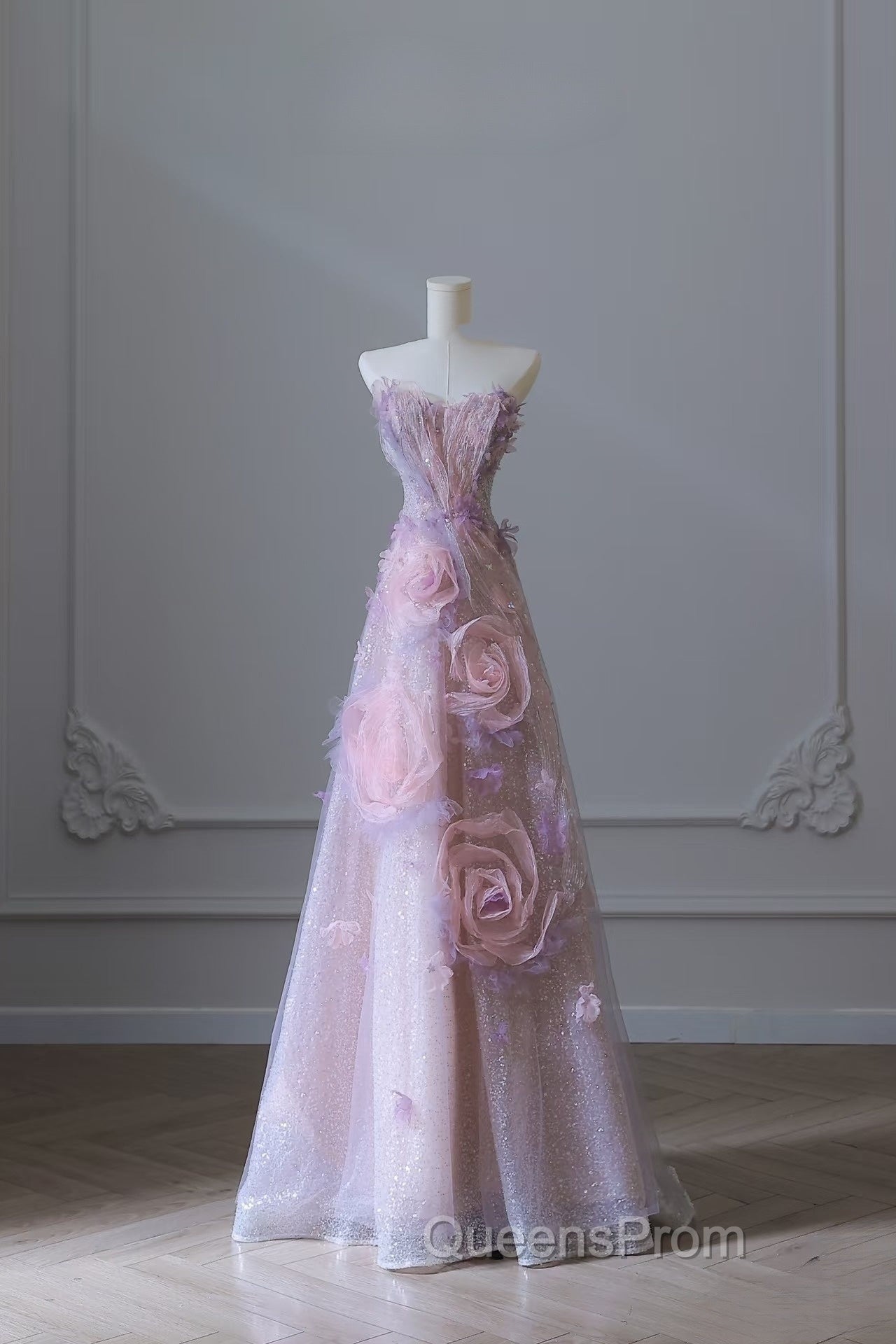 Pretty Ball Gown Sweetheart Pink Floral Tulle Long Evening Prom Dress Evening Gowns