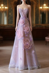 Pretty Ball Gown Sweetheart Pink Floral Tulle Long Evening Prom Dress Evening Gowns