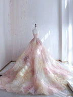 Pretty Ball Gown Sweetheart Pink Flowers Tulle Long Quinceanera Dress Classy Short Sleeves Flowers Vestido De 15 Anos Sweet 16 Dress