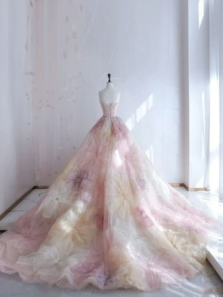 Pretty Ball Gown Sweetheart Pink Flowers Tulle Long Quinceanera Dress Classy Short Sleeves Flowers Vestido De 15 Anos Sweet 16 Dress