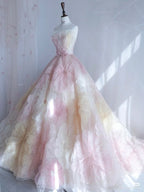 Pretty Ball Gown Sweetheart Pink Flowers Tulle Long Quinceanera Dress Classy Short Sleeves Flowers Vestido De 15 Anos Sweet 16 Dress