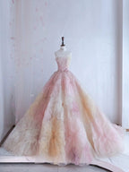 Pretty Ball Gown Sweetheart Pink Flowers Tulle Long Quinceanera Dress Classy Short Sleeves Flowers Vestido De 15 Anos Sweet 16 Dress