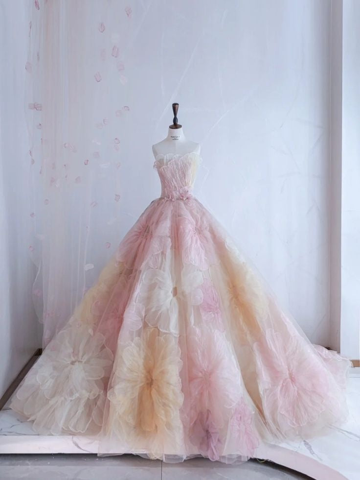 Pretty Ball Gown Sweetheart Pink Flowers Tulle Long Quinceanera Dress Classy Short Sleeves Flowers Vestido De 15 Anos Sweet 16 Dress