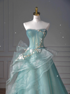 Pretty Ball Gown Sweetheart Tulle Green Long Classy Evening Dress Classy Prom Dress With Ruffles