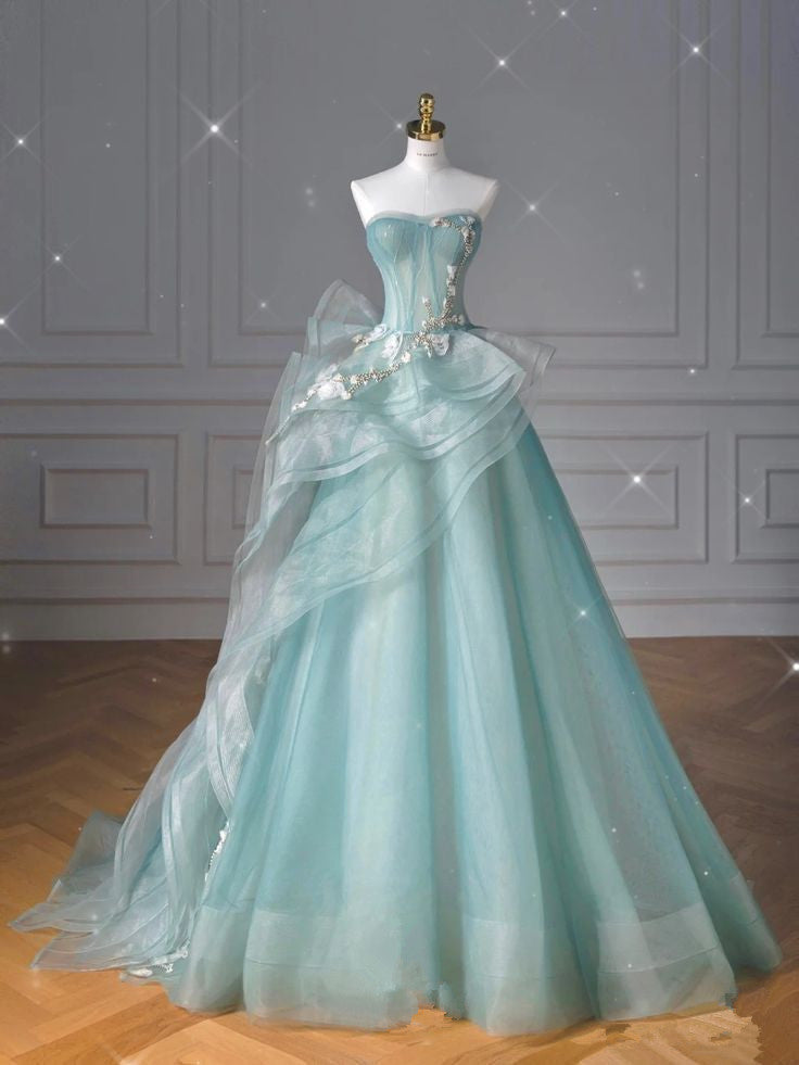 Pretty Ball Gown Sweetheart Tulle Green Long Classy Evening Dress Classy Prom Dress With Ruffles Main image