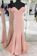 Pretty Blush Pink Mermaid V-Neck Off Shoulder Evening Prom Dress Long