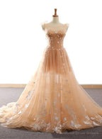 Pretty Champagne Straps Custom Tulle Party Dress, Lace Applique Formal Dress