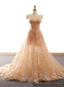 Pretty Champagne Straps Custom Tulle Party Dress, Lace Applique Formal Dress