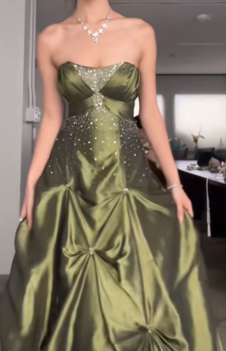 Pretty Forest Green A-Line Long Classy Prom Dress With Silver Beads Sweet Strapless Satin Classy Evening Dress