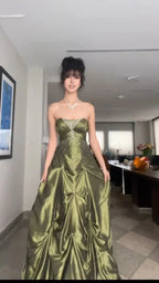Pretty Forest Green A-Line Long Classy Prom Dress With Silver Beads Sweet Strapless Satin Classy Evening Dress