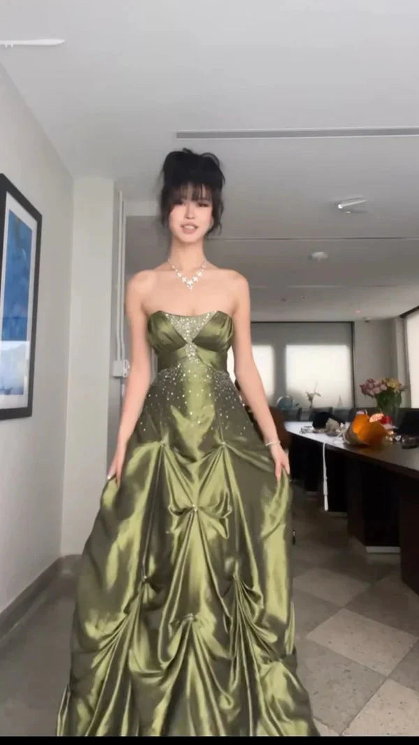 Pretty Forest Green A-Line Long Classy Prom Dress With Silver Beads Sweet Strapless Satin Classy Evening Dress