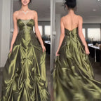 Pretty Forest Green A-Line Long Classy Prom Dress With Silver Beads Sweet Strapless Satin Classy Evening Dress