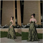 Pretty Forest Green A-Line Long Classy Prom Dress With Silver Beads Sweet Strapless Satin Classy Evening Dress