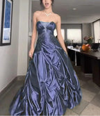 Pretty Forest Green A-Line Long Classy Prom Dress With Silver Beads Sweet Strapless Satin Classy Evening Dress