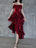 Pretty Irregular Ruffled Spaghetti Straps Burgundy Classy Prom Dress With Detachable Rose Long Birthday Dress For Women