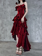 Pretty Irregular Ruffled Spaghetti Straps Burgundy Classy Prom Dress With Detachable Rose Long Birthday Dress For Women