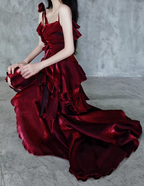 Pretty Irregular Ruffled Spaghetti Straps Burgundy Classy Prom Dress With Detachable Rose Long Birthday Dress For Women
