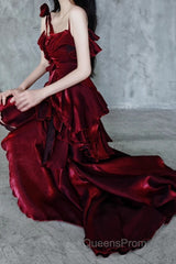 Pretty Irregular Ruffled Spaghetti Straps Burgundy Evening Prom Dress With Detachable Rose Long Birthday Dress For Women