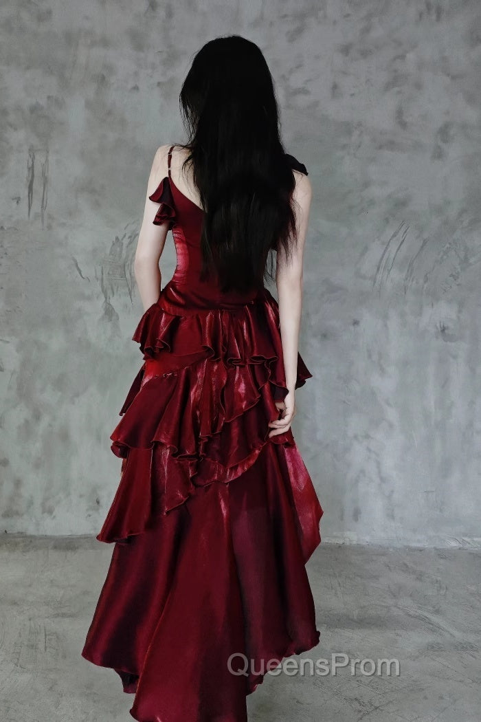 Pretty Irregular Ruffled Spaghetti Straps Burgundy Evening Prom Dress With Detachable Rose Long Birthday Dress For Women