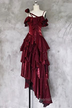 Pretty Irregular Ruffled Spaghetti Straps Burgundy Evening Prom Dress With Detachable Rose Long Birthday Dress For Women