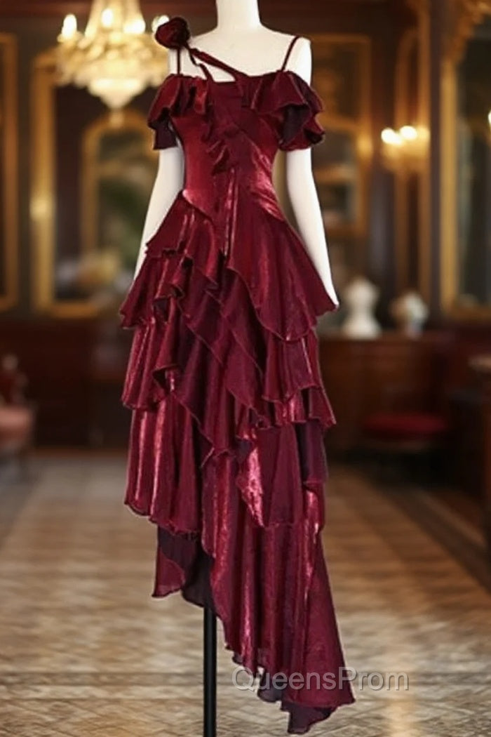 Pretty Irregular Ruffled Spaghetti Straps Burgundy Evening Prom Dress With Detachable Rose Long Birthday Dress For Women Main image
