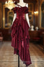 Pretty Irregular Ruffled Spaghetti Straps Burgundy Evening Prom Dress With Detachable Rose Long Birthday Dress For Women