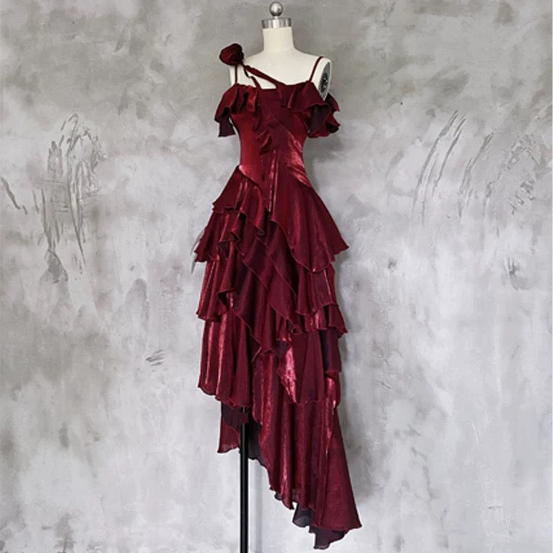 Pretty Irregular Ruffled Spaghetti Straps Burgundy Classy Prom Dress With Detachable Rose Long Birthday Dress For Women Main image