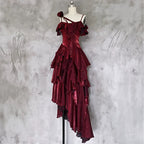 Pretty Irregular Ruffled Spaghetti Straps Burgundy Classy Prom Dress With Detachable Rose Long Birthday Dress For Women
