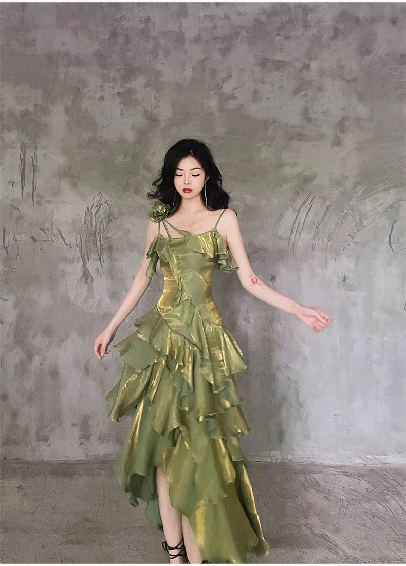 Pretty Irregular Ruffled Spaghetti Straps Green Classy Prom Dress With Detachable Rose Long Birthday Dress For Women Secondary image