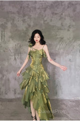 Pretty Irregular Ruffled Spaghetti Straps Green Evening Prom Dress With Detachable Rose Long Birthday Dress For Women