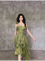 Pretty Irregular Ruffled Spaghetti Straps Green Classy Prom Dress With Detachable Rose Long Birthday Dress For Women