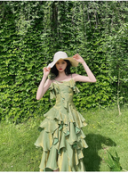 Pretty Irregular Ruffled Spaghetti Straps Green Classy Prom Dress With Detachable Rose Long Birthday Dress For Women