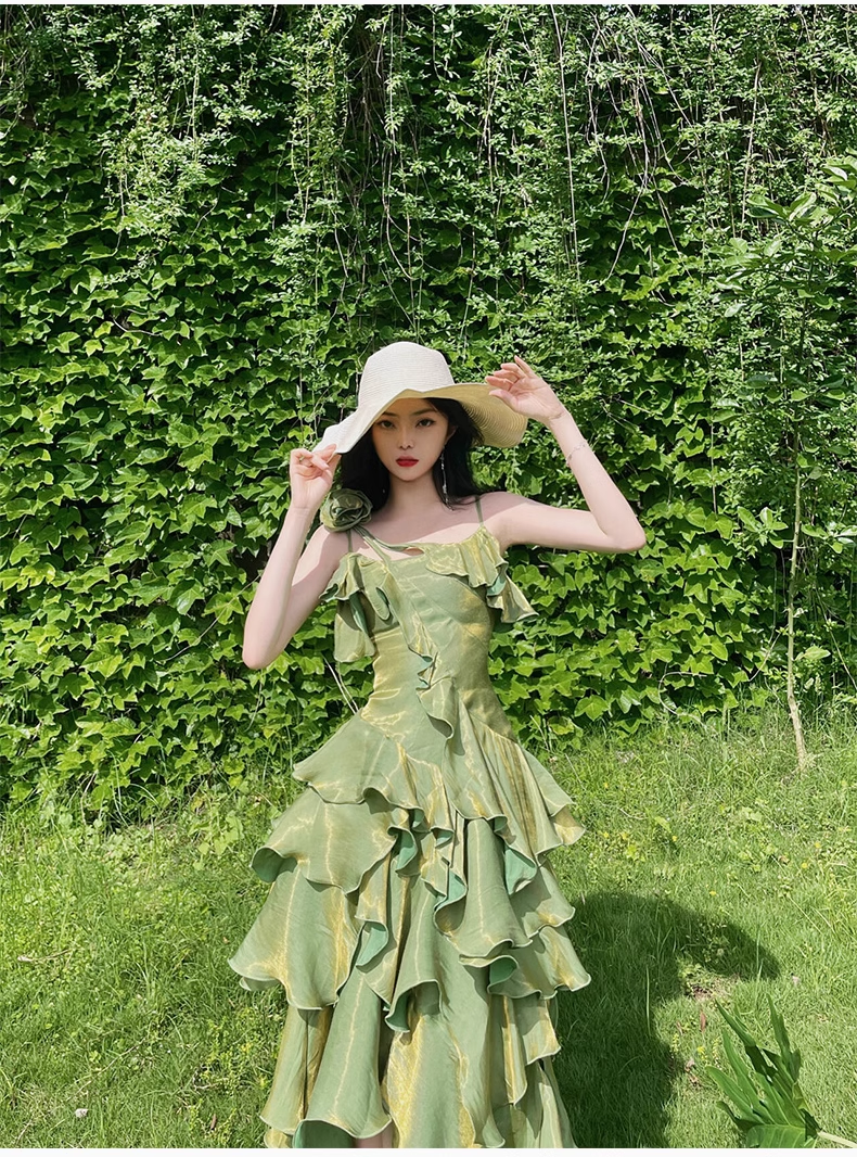 Pretty Irregular Ruffled Spaghetti Straps Green Classy Prom Dress With Detachable Rose Long Birthday Dress For Women